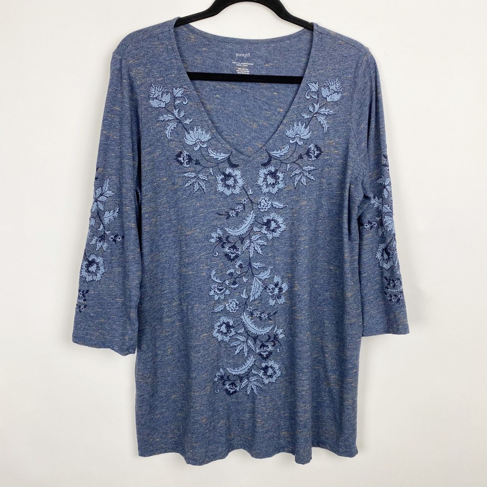Pure Jill Embroidered Floral Slub Jersey Tunic Top Womens Medium Blue